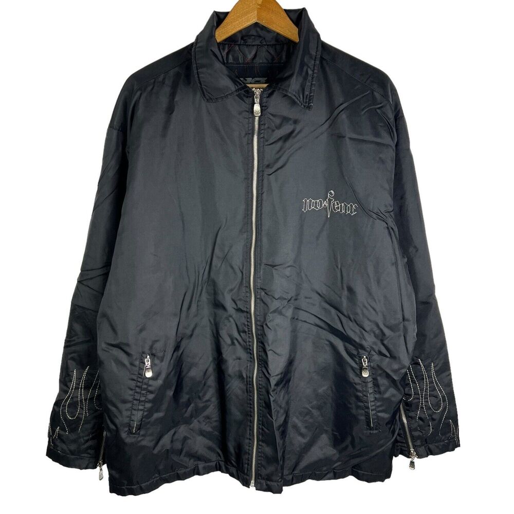 No Fear Mens XL Nylon Full Zip Biker Mechanic Jacket Black Embroidered Flame VTG